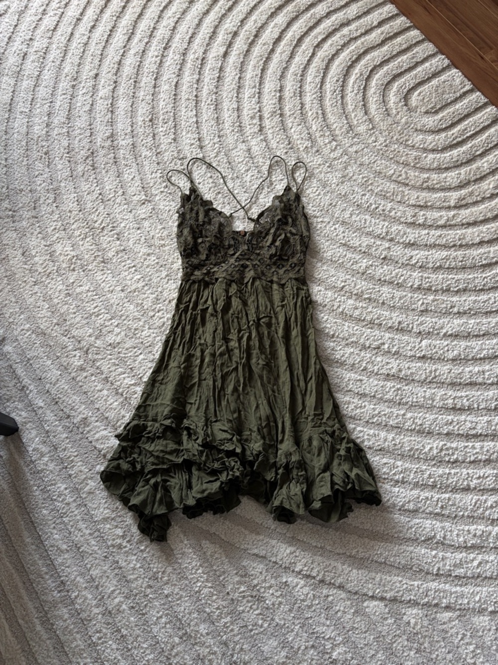 Free People Olive Green Lace-Trim Mini Slip Dress